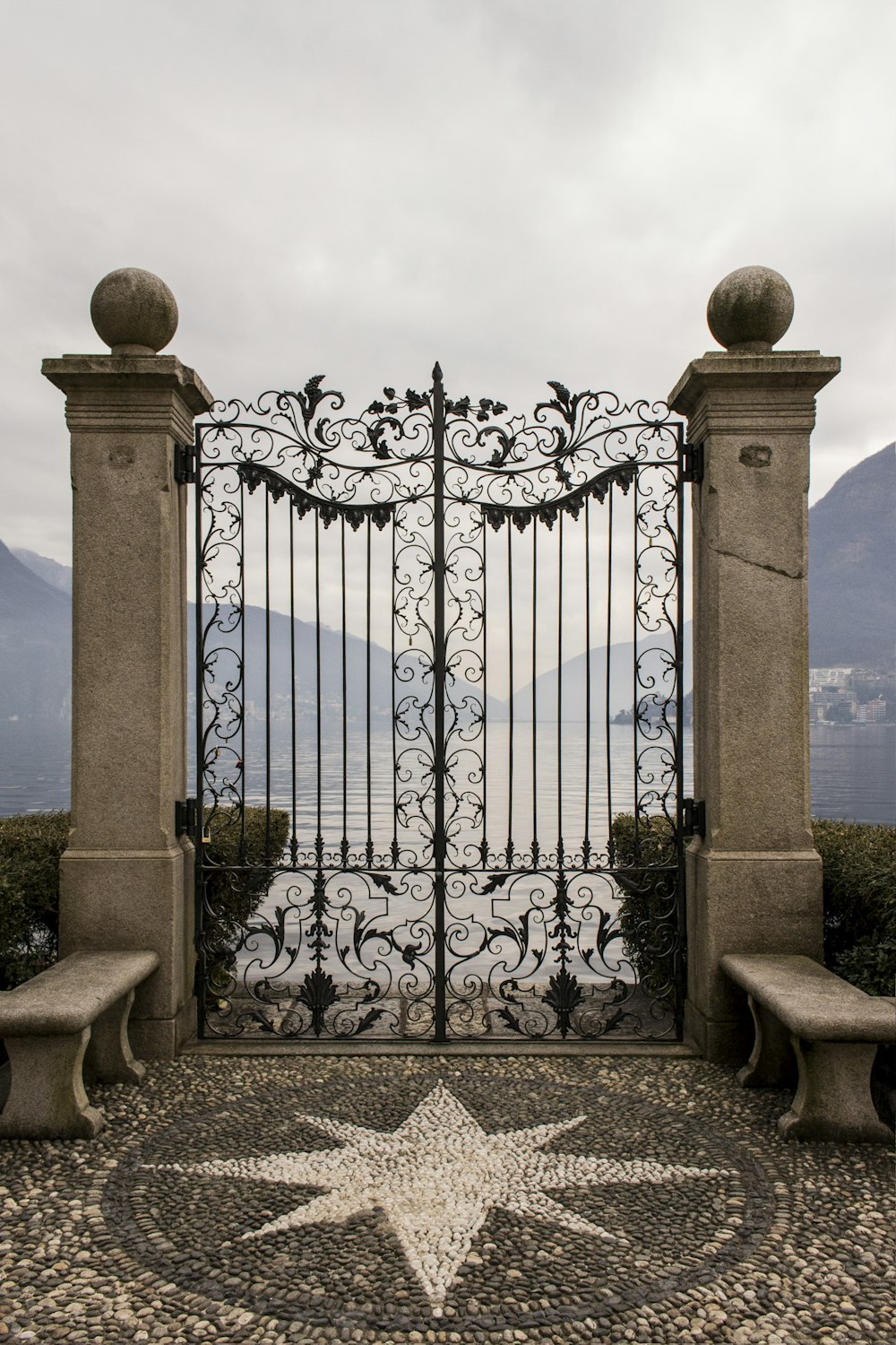 Wrought-iron estate gates overlooking parkland